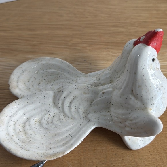 Vintage MCM Rooster&hen Double Spoon Holder Rest White Speckled - Picture 7 of 9